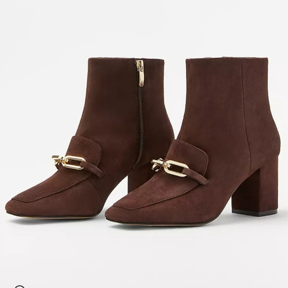 Chain Block Heel Suede Booties